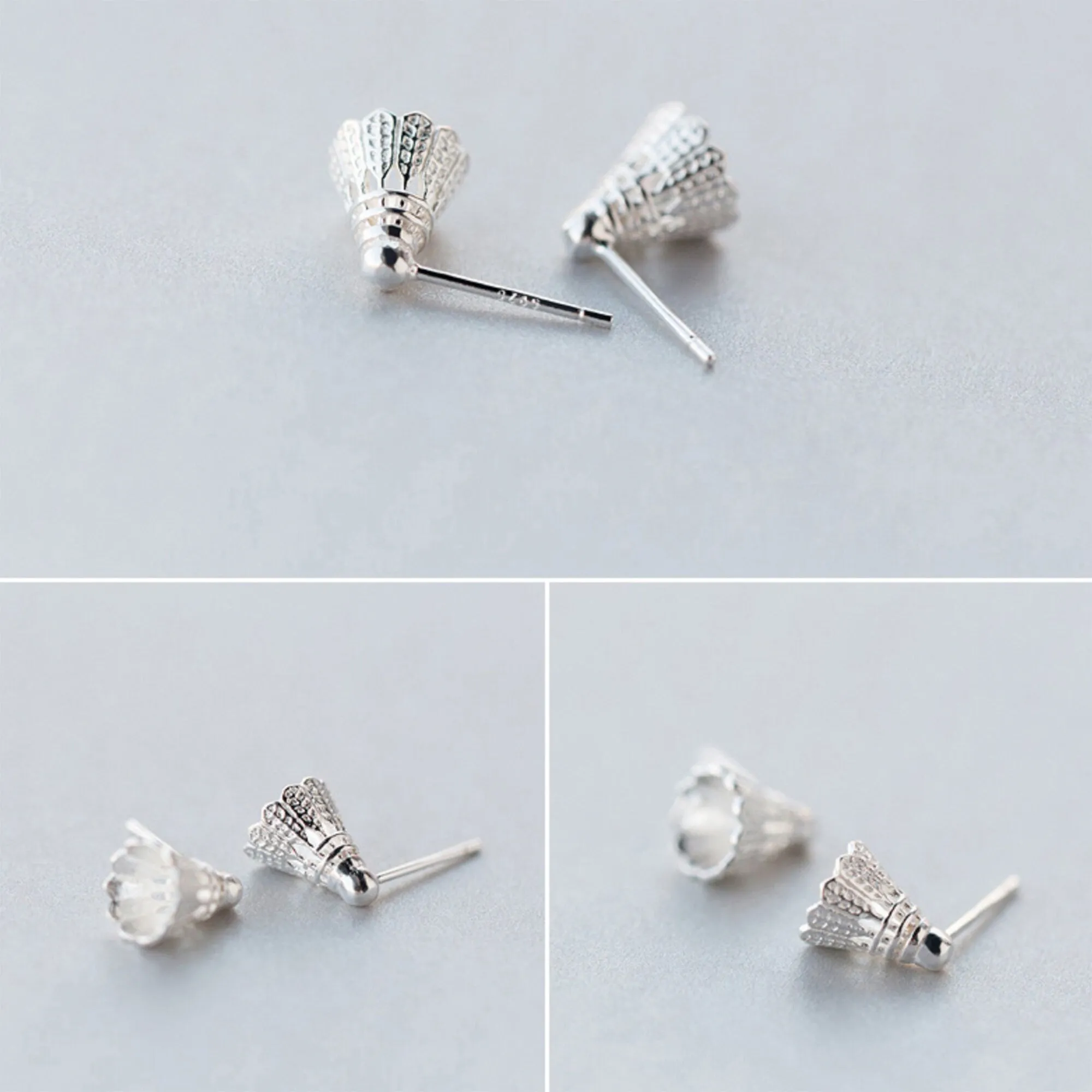 925 Sterling silver badminton sports ball game shuttlecock stud earrings
