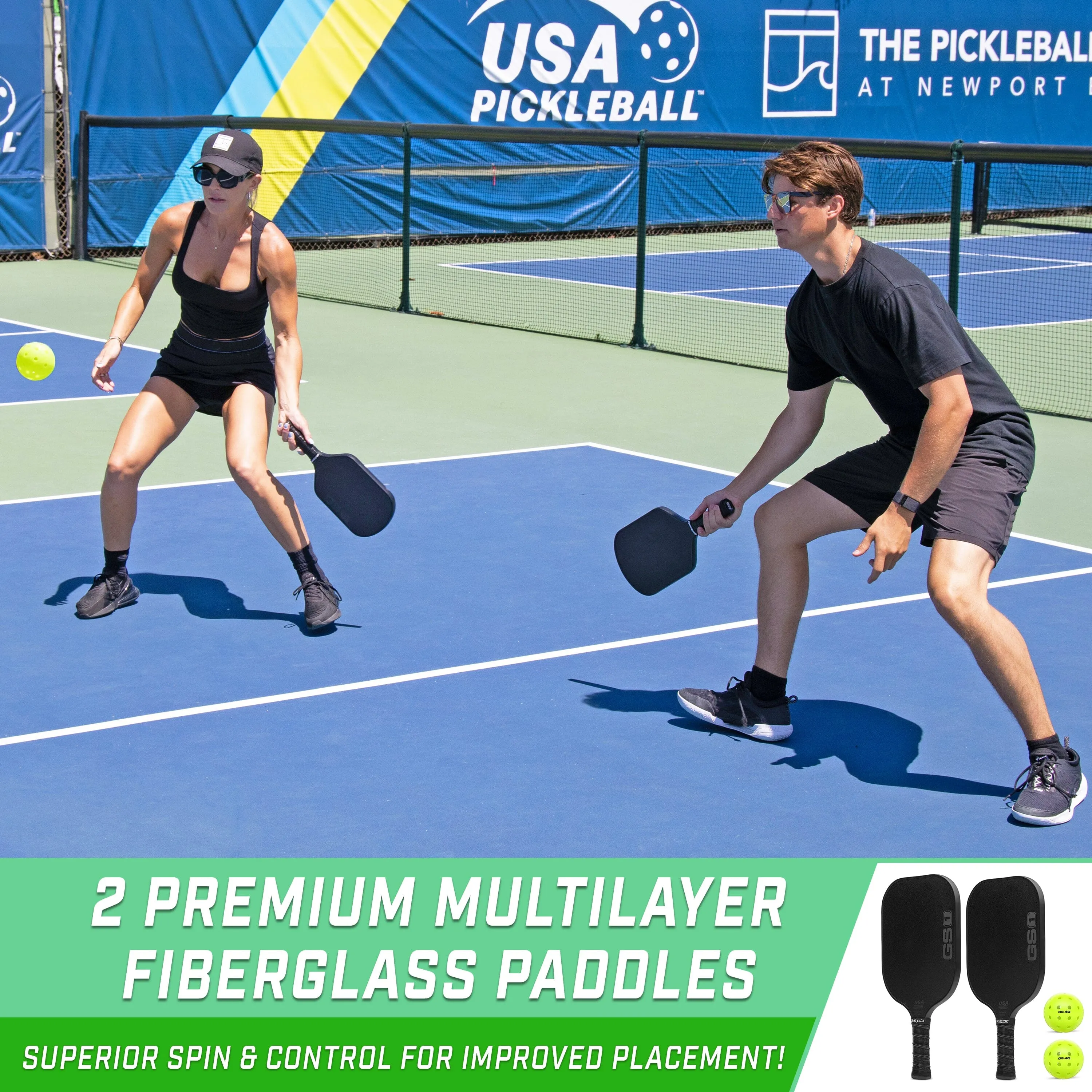 GoSports GS1 Pickleball Paddles Set of 2 with 2 Pickleballs - USAPA Approved Fiberglass Pickleball Paddles