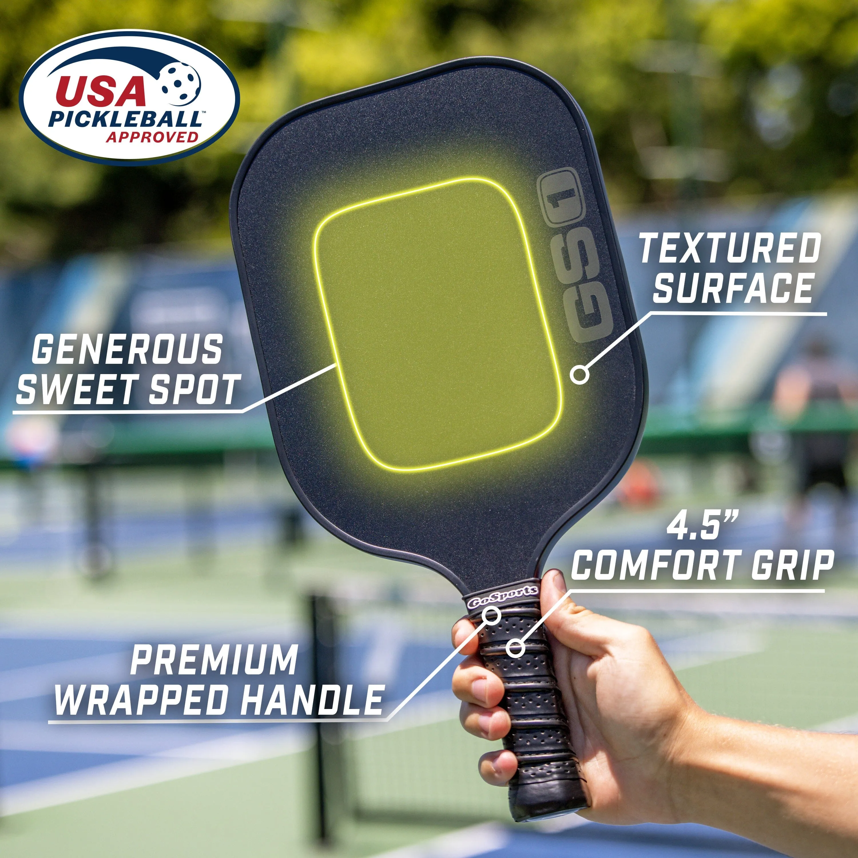 GoSports GS1 Pickleball Paddles Set of 4 with 4 Pickleballs - USAPA Approved Fiberglass Pickleball Paddles