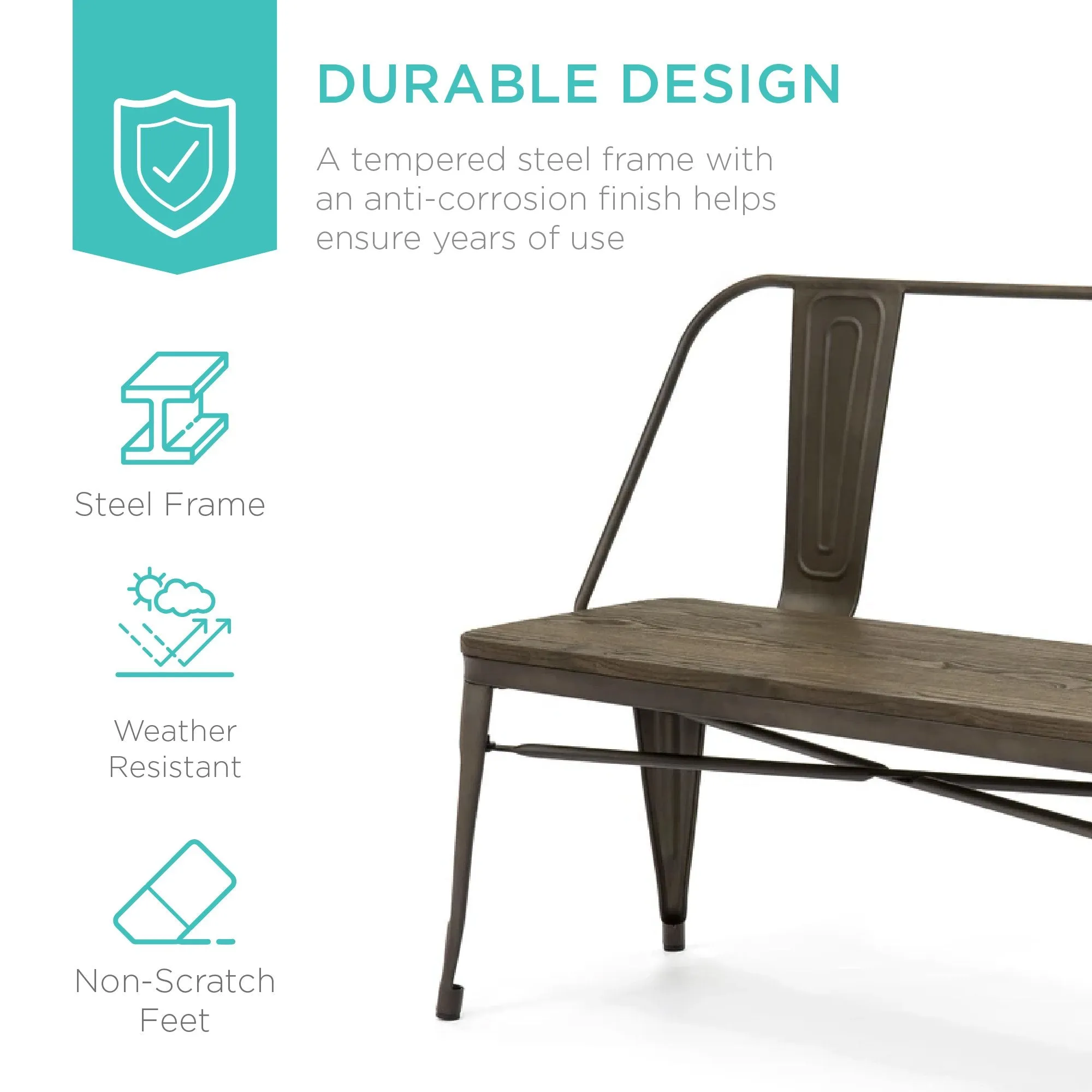 Industrial Metal Farmhouse Dining Bench w/ Wood Seat, Removable Back - 42in