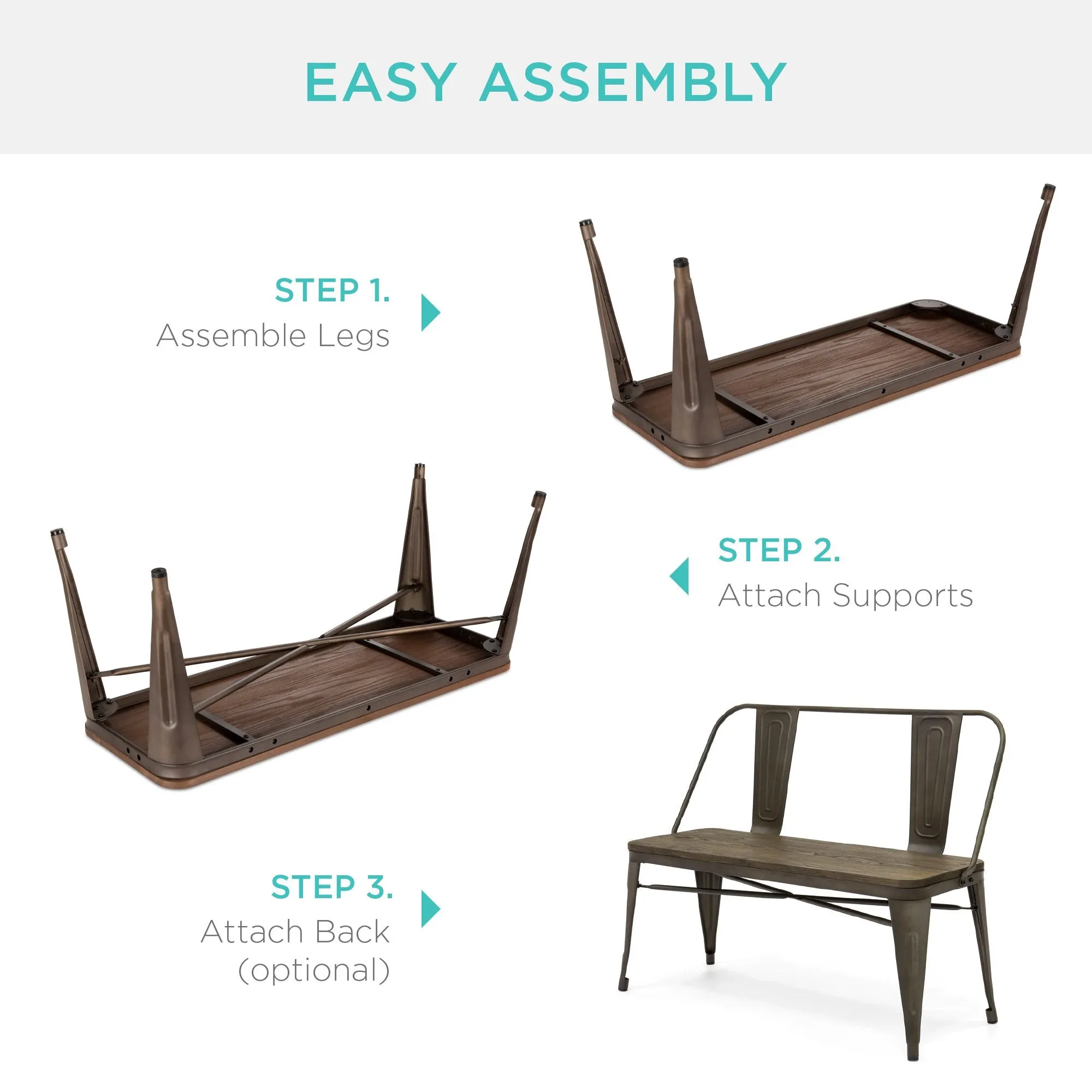 Industrial Metal Farmhouse Dining Bench w/ Wood Seat, Removable Back - 42in