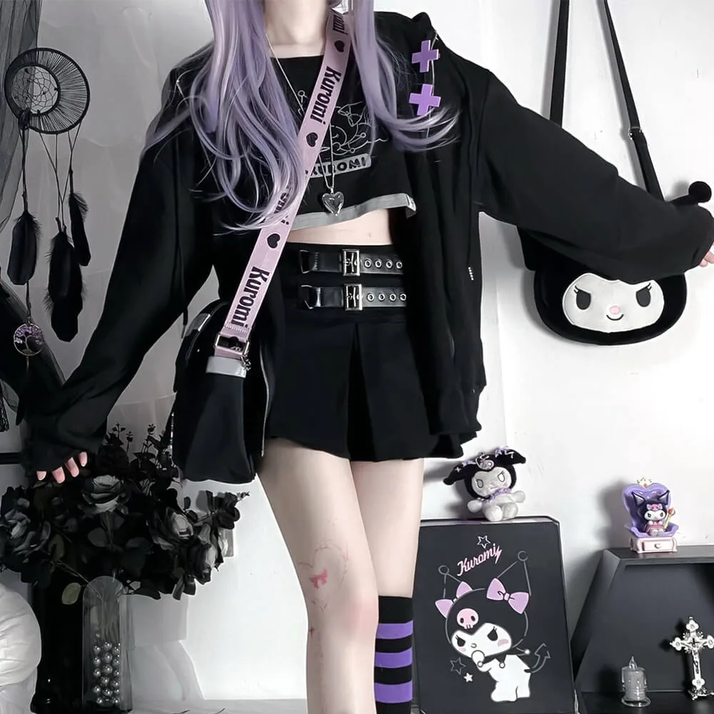 Kuromi Badge Hearts Embroidery Flap Crossbody Bag