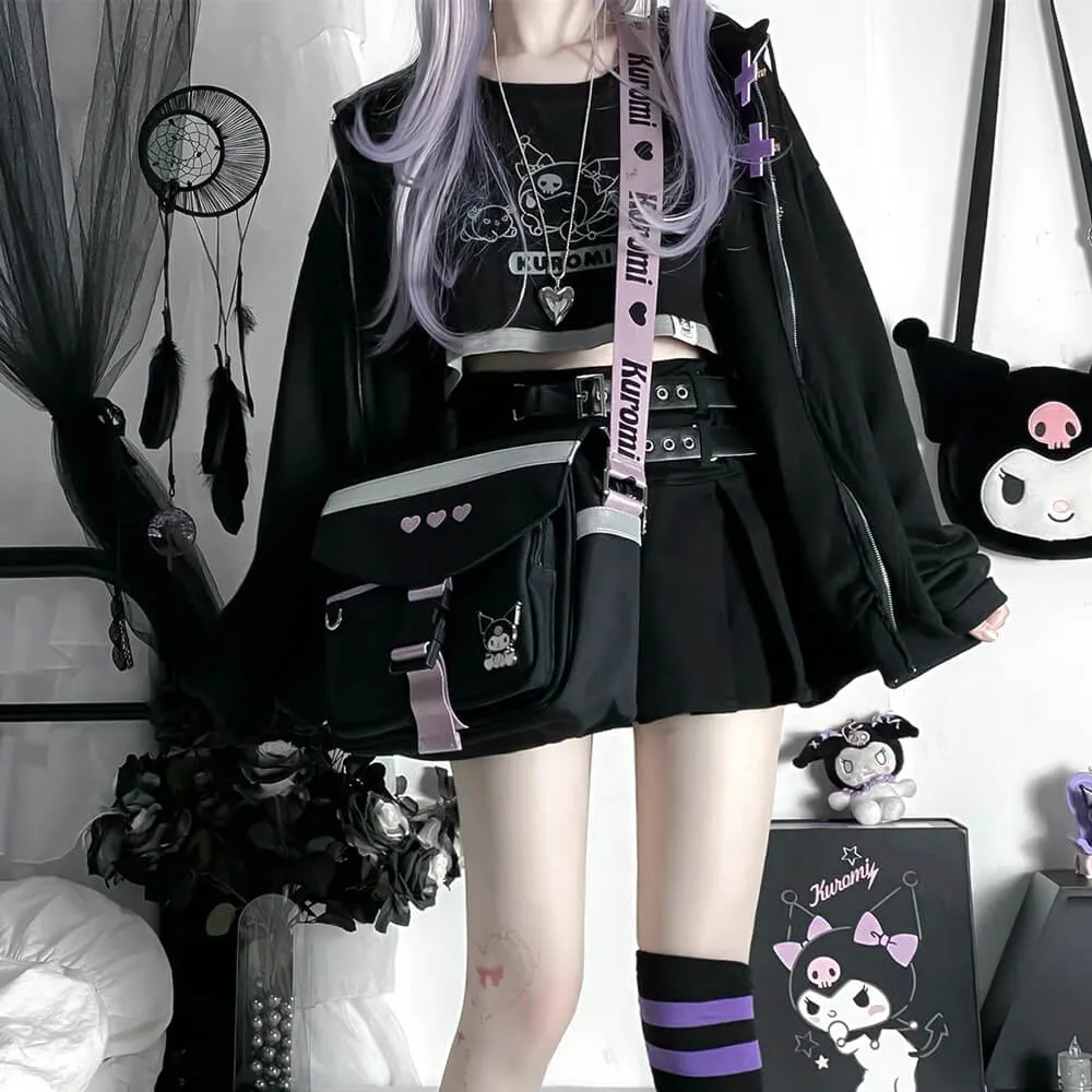 Kuromi Badge Hearts Embroidery Flap Crossbody Bag