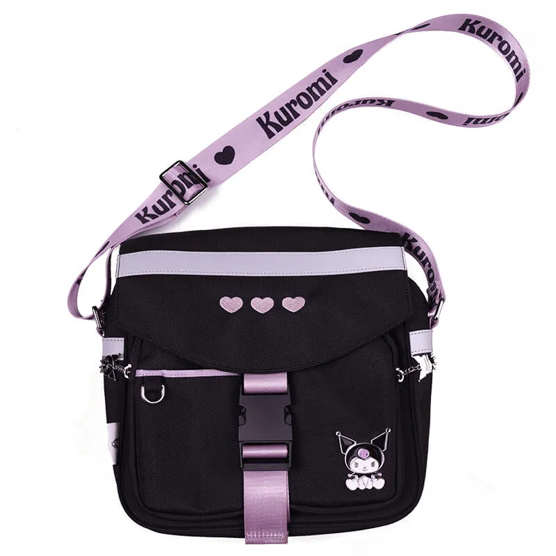 Kuromi Badge Hearts Embroidery Flap Crossbody Bag