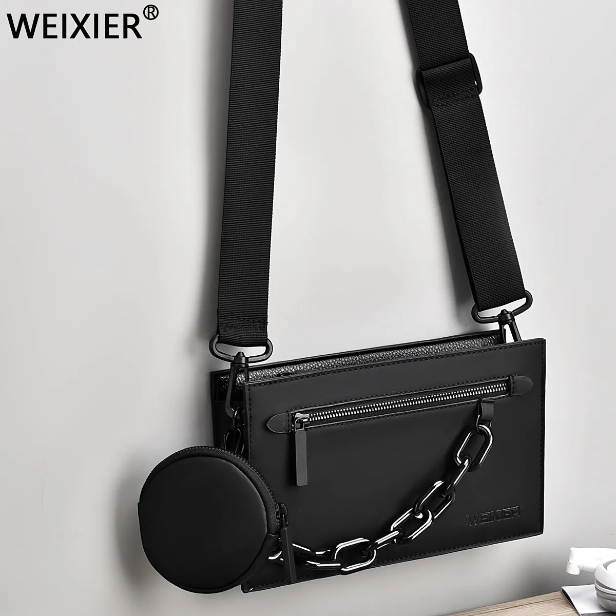 realaiot  【WEIXIER】2pcs Men's Shoulder Bag, Chain Design Pu Leather Multi-functional Bag With Small Bag, Wear-resistant Waterproof Daily Commuting Bag, Christmas New Year's Day Gift